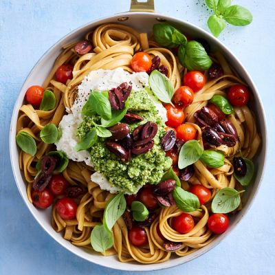Healthier Pan-fried Tomato & Zucchini Pesto Fettuccine