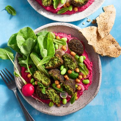 Herb Falafel Bowl with Beetroot Labneh & Crispy Chickpeas
