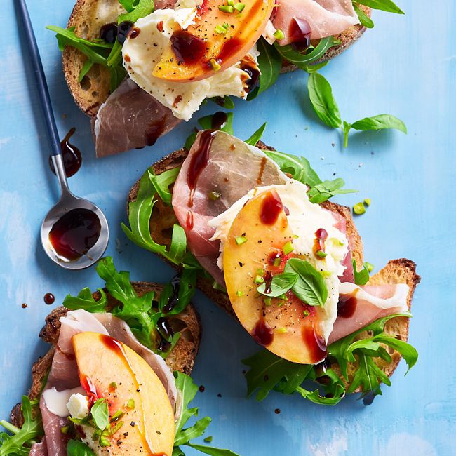 Peach, Mozzarella & Prosciutto Crostini with Balsamic Glaze
