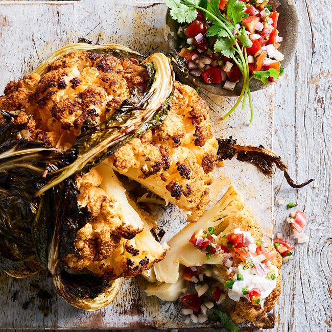 Healthier Whole Roasted Spiced Cauliflower with Pico De Gallo