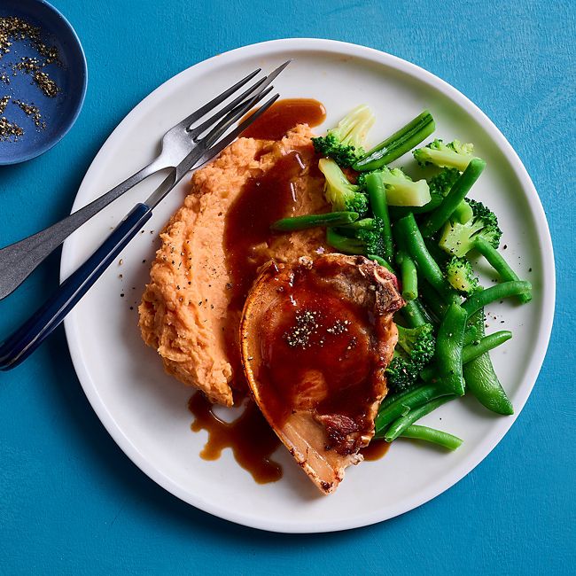  Pork Chops with Gravy, Sweet Potato & Steamed Veg