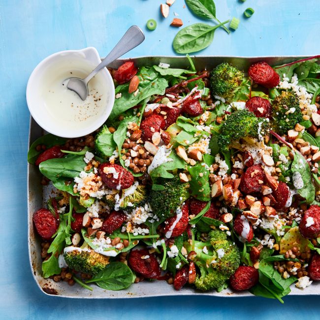 Warm Lentil, Chorizo & Broccoli Salad