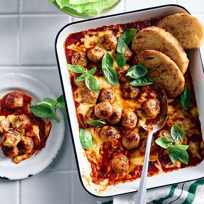 Cheesy Meatball Bake with Crusty Garlic Bread