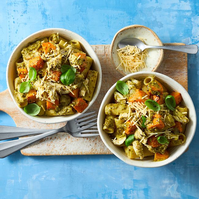 Chicken Pesto Pasta with Roast Pumpkin