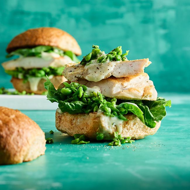 Healthier Chicken burgers with Crushed Peas & Lemon Mayonnaise