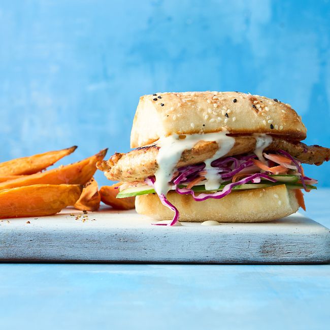 Honey Mustard Chicken Burgers with Sweet Potato Chips