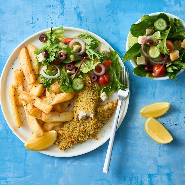 Lemon & Herb Crumbed Fish with Chips