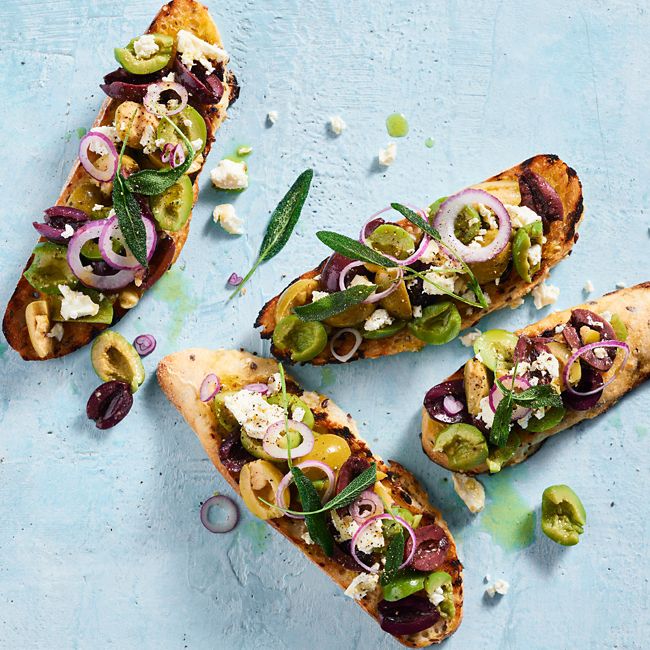 Olive & Feta Crostini with Fried Sage Oil