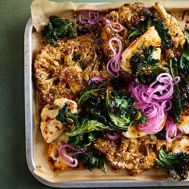 Spiced Cauliflower, Haloumi & Pickled Onion Traybake