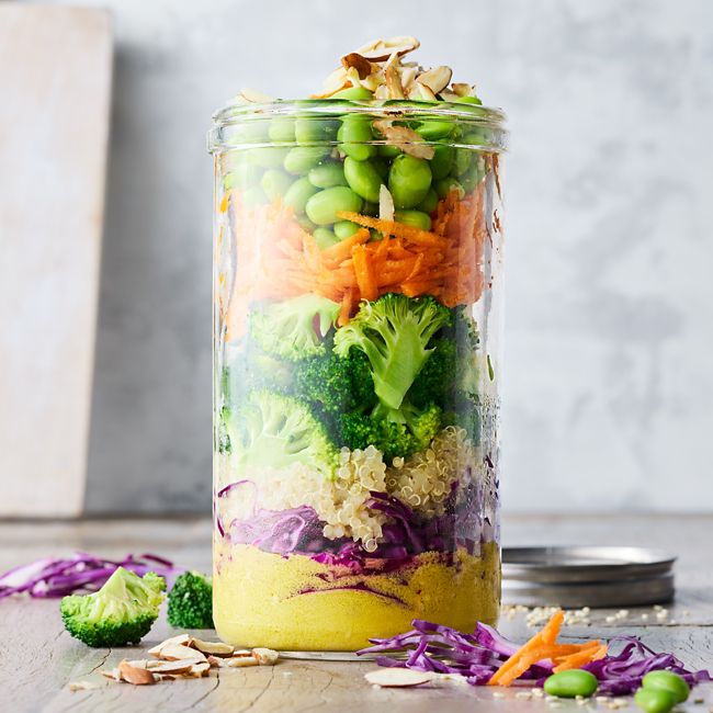 Healthier Layered Quinoa Salad with Sesame Dressing 