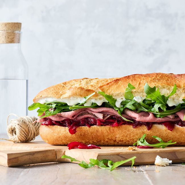 Rare Roast Beef, Beetroot & Caramelised Onion Baguettes