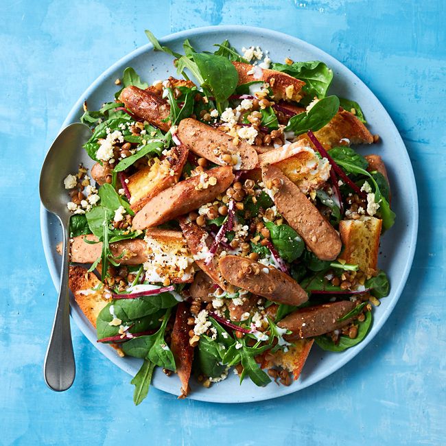 Sausage & Lentil Salad with Garlic Bread Croutons