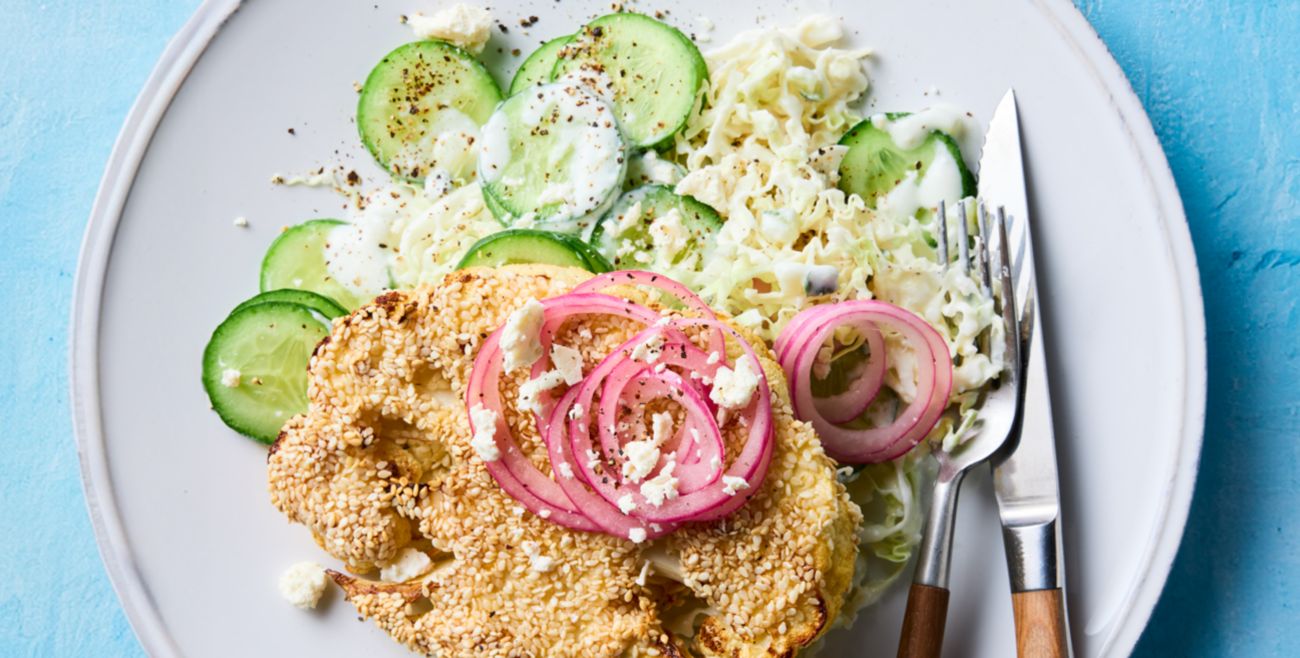 Sesame crusted cauliflower schnitzel