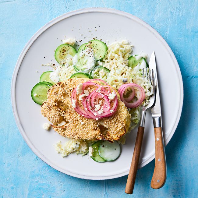 Sesame Cauliflower Schnitzel with Feta & Tzatziki Slaw