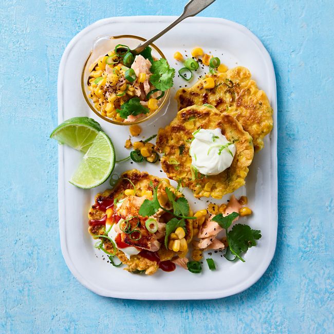 Sriracha Salmon Fritters with Lime Sour Cream