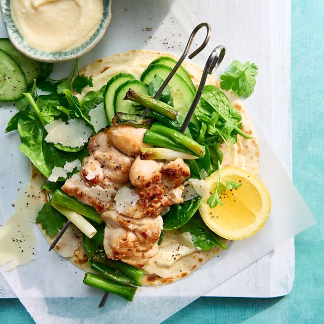 Garlic Chicken Skewers with Parmesan Aioli