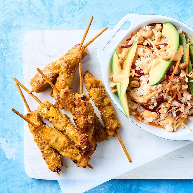 Satay chicken kebabs with rainbow rice salad
