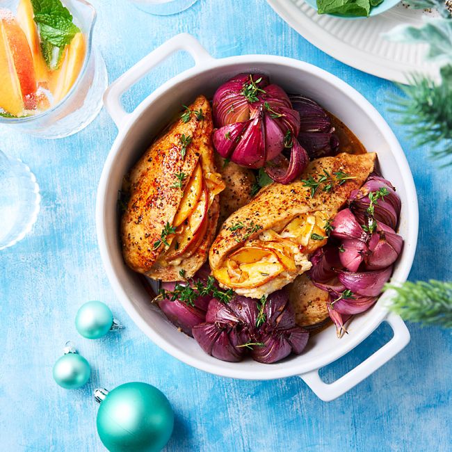 Peach & Brie Stuffed Chicken with Balsamic Onion