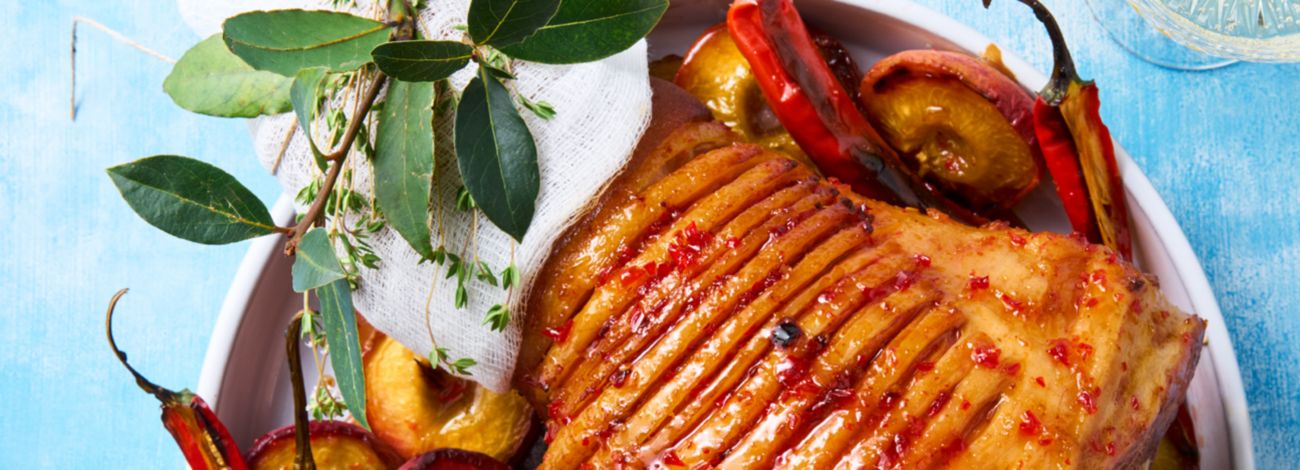 Sticky peach and hot honey glazed ham