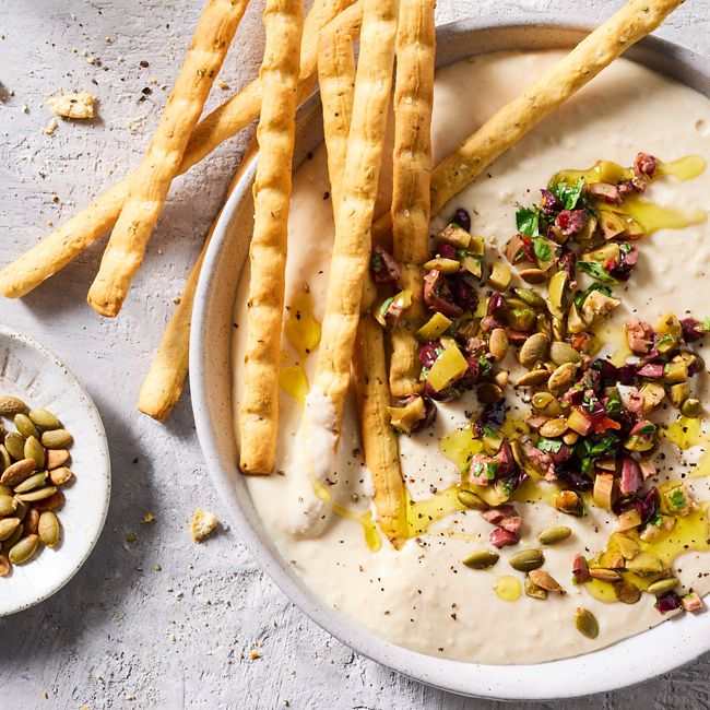 Whipped Ricotta Hummus with Mixed Olive Gremolata