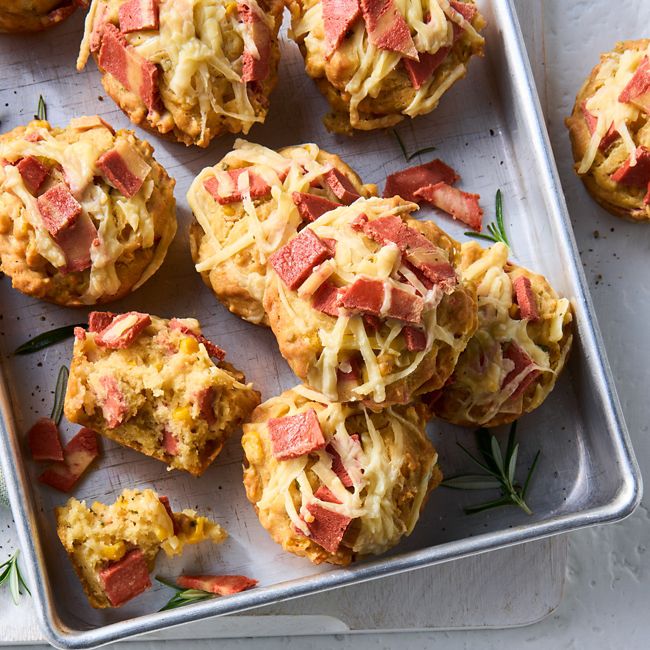 Cheesy bacon, corn & rosemary muffins