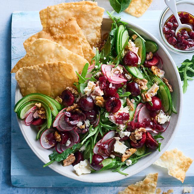 Cherry salad with wonton crisps