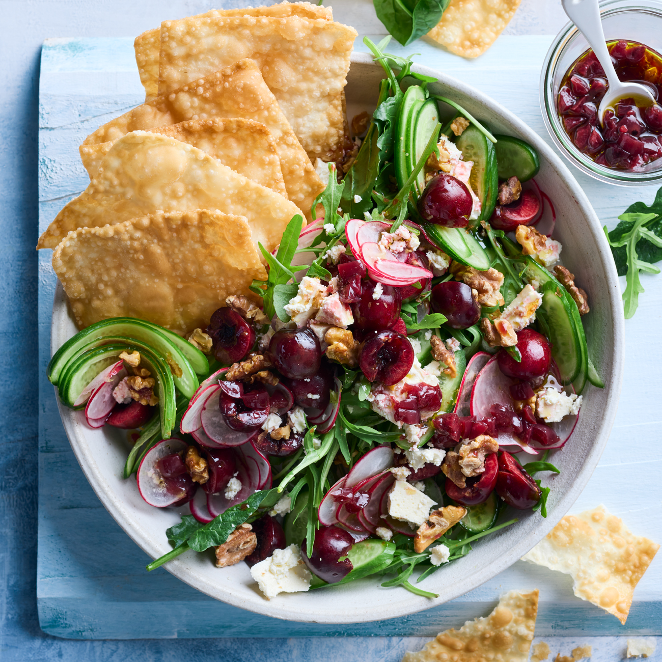 Cherry salad with wonton crisps