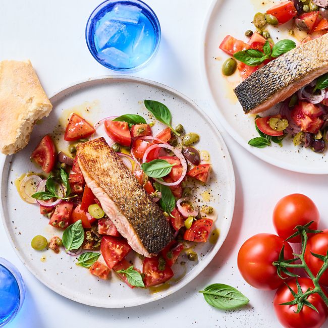Crispy-skinned salmon with puttanesca salsa