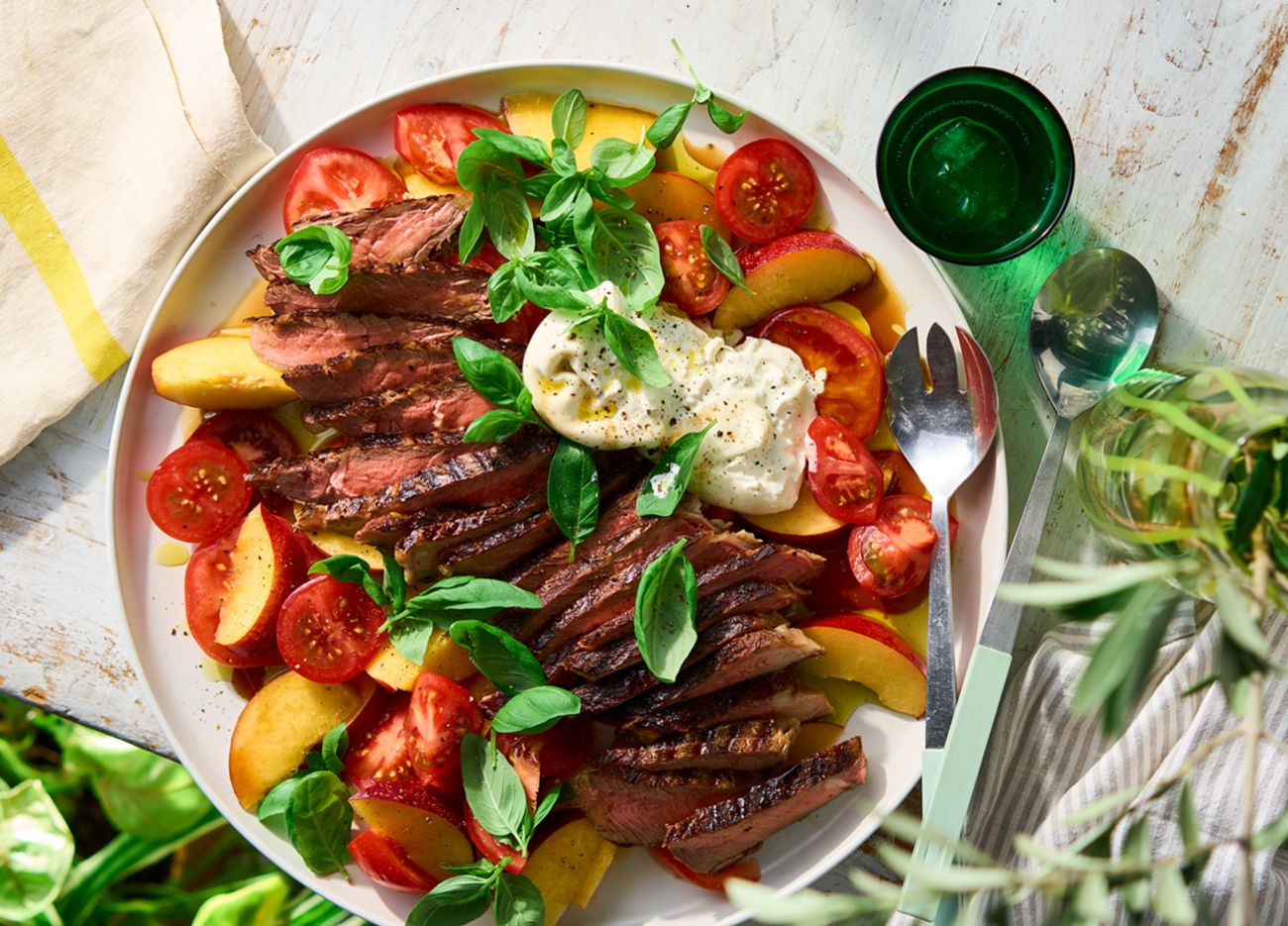 Grilled beef with burrata and nectarine salad