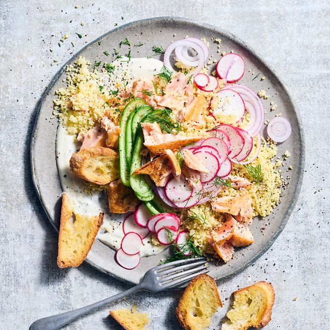 Salmon, cucumber & radish couscous with sourdough croutons
