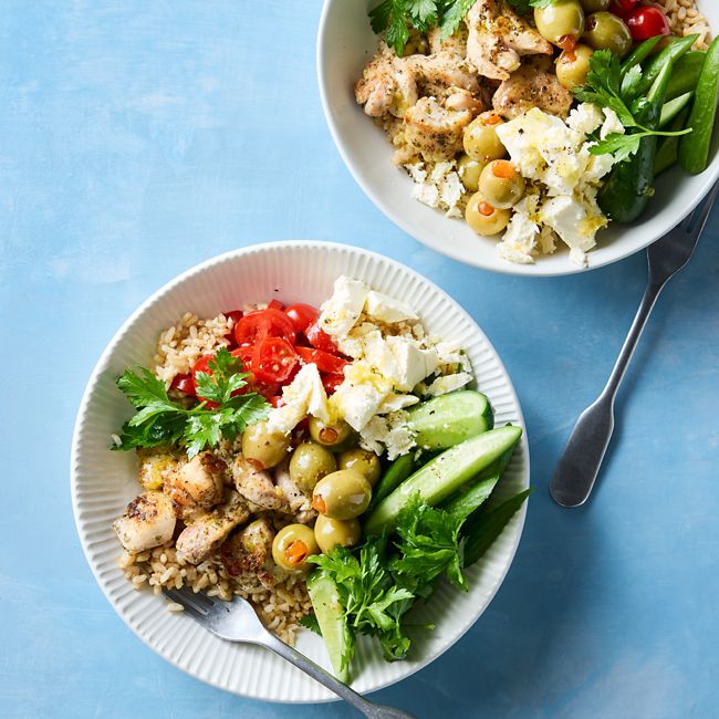Greek-style chicken rice bowls