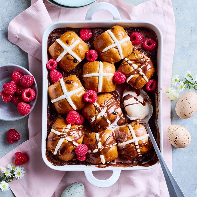 Double chocolate hot-cross-bun pudding