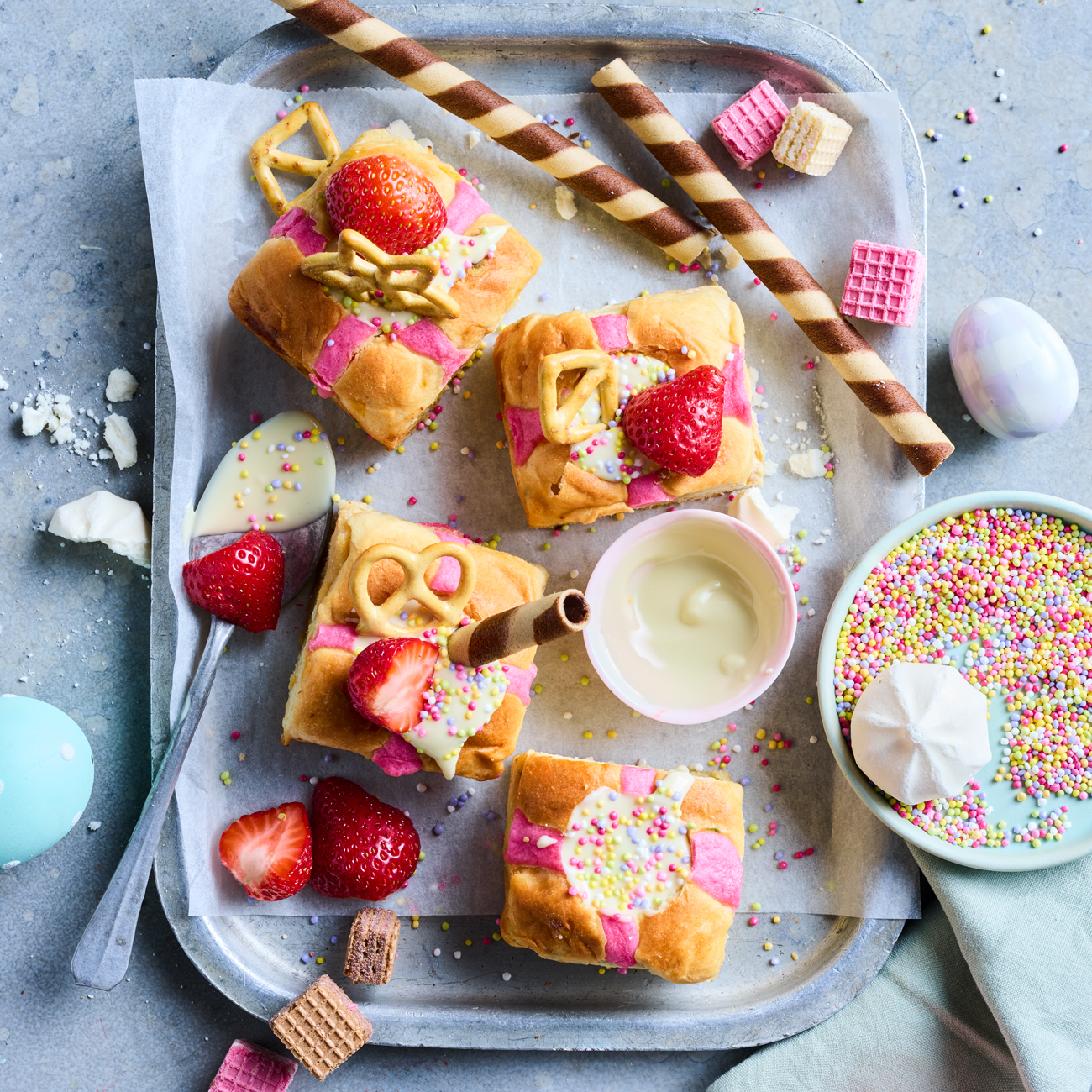 Mini fairy-bread hot-cross-bun fondues