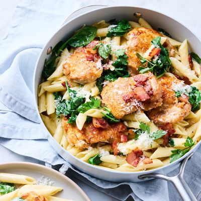 One-pan chicken, spinach & bacon penne Recipe | Woolworths