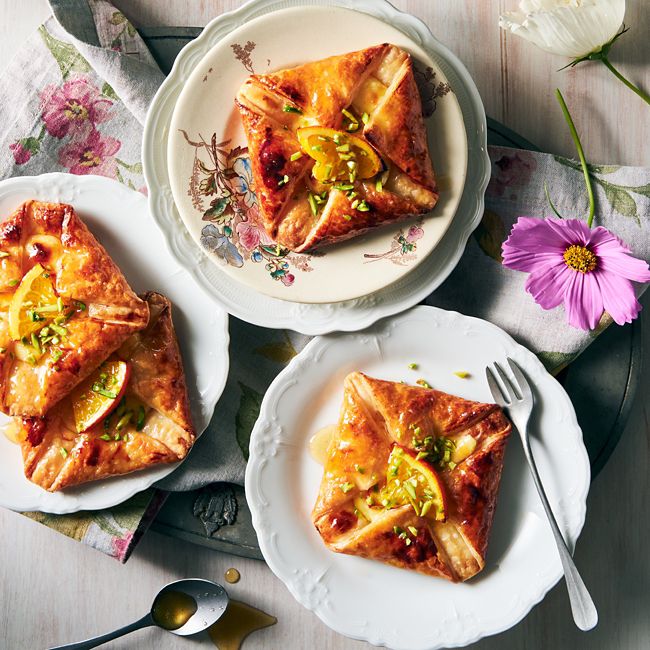 Pistachio, honey & orange pastry scrolls