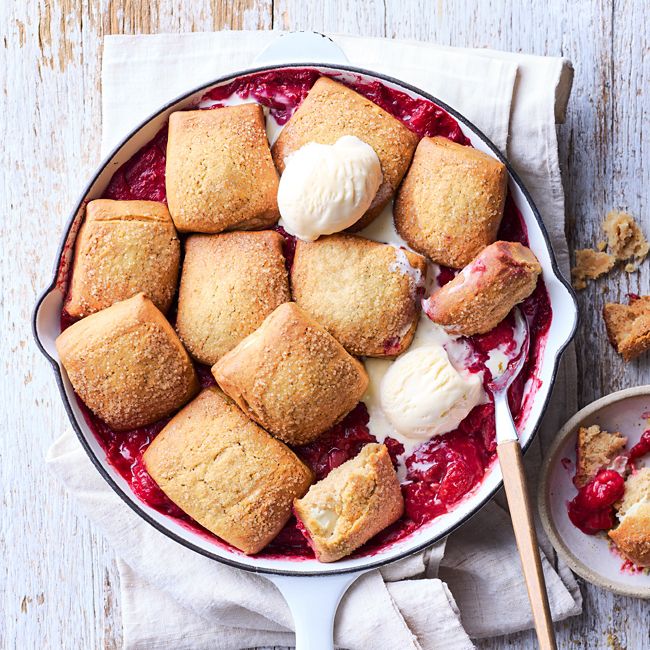 Rhubarb, raspberry & mixed-spice scone cobbler
