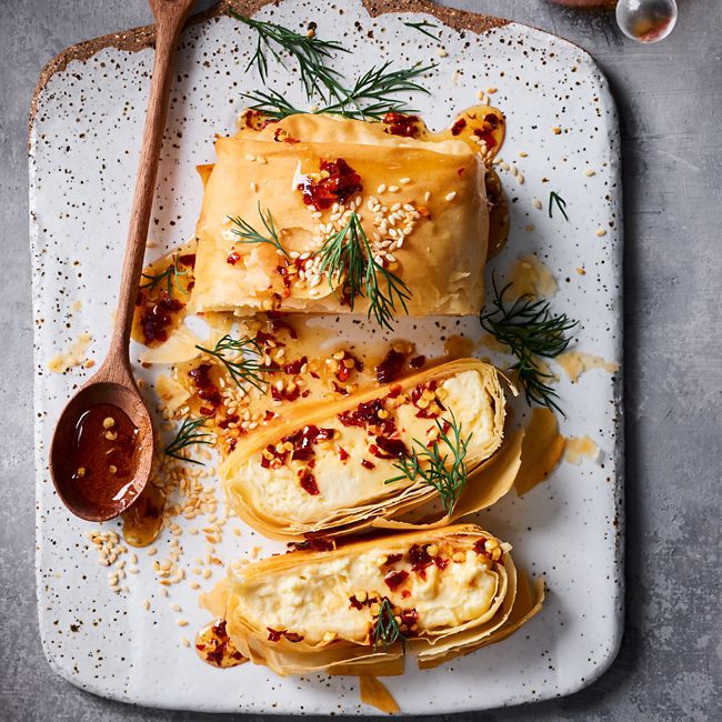 Baked feta wrapped in filo with chilli honey