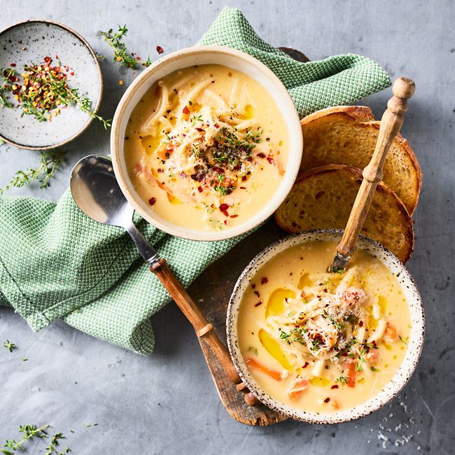 Creamy chicken noodle soup with parmesan & chilli
