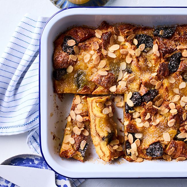 Lemon & spiced almond croissant cake with prunes