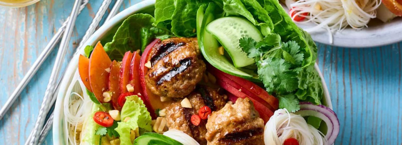 Chilli lime pork peach noodle salad