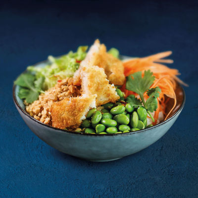Bowl with Findus crumbed fish fillets, rice and veg