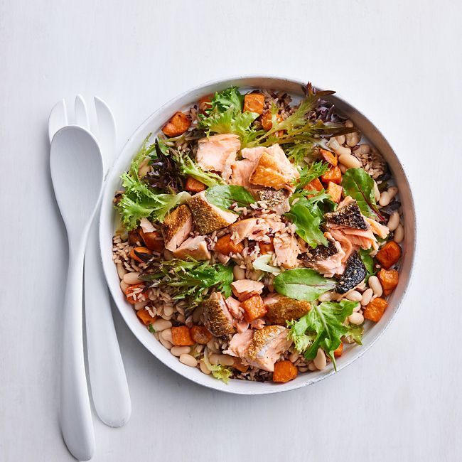 Flaked Crispy-skinned Salmon with Roast Vegetable & Rice Salad