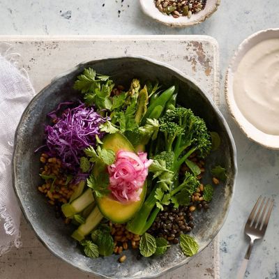 Freekeh & Lentil Vegetable Bowl with Tahini Yoghurt Dressing
