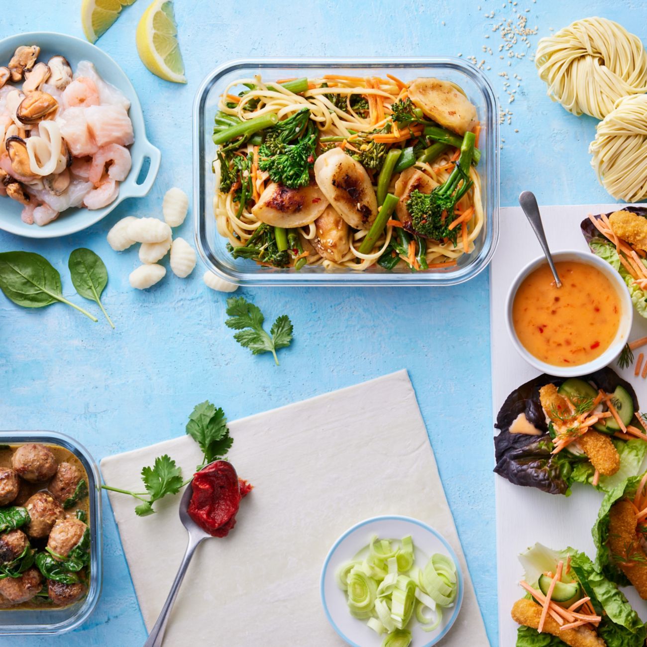 Stir fry, seafood and fish tacos