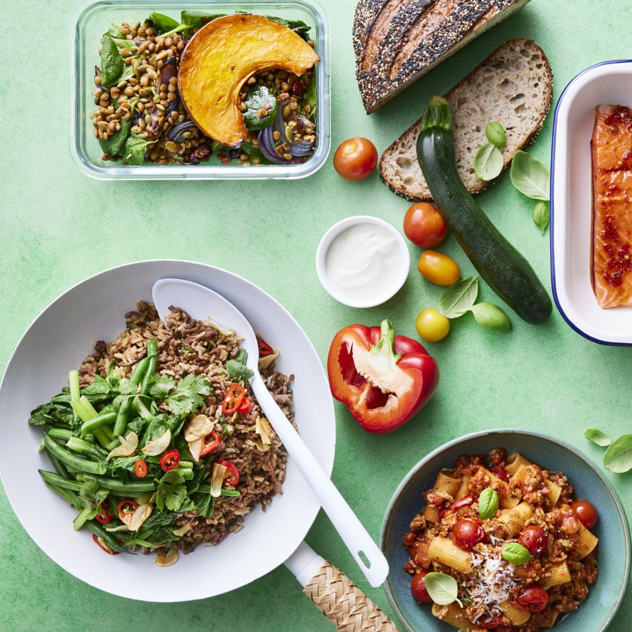 Salmon, pasta and rice salad