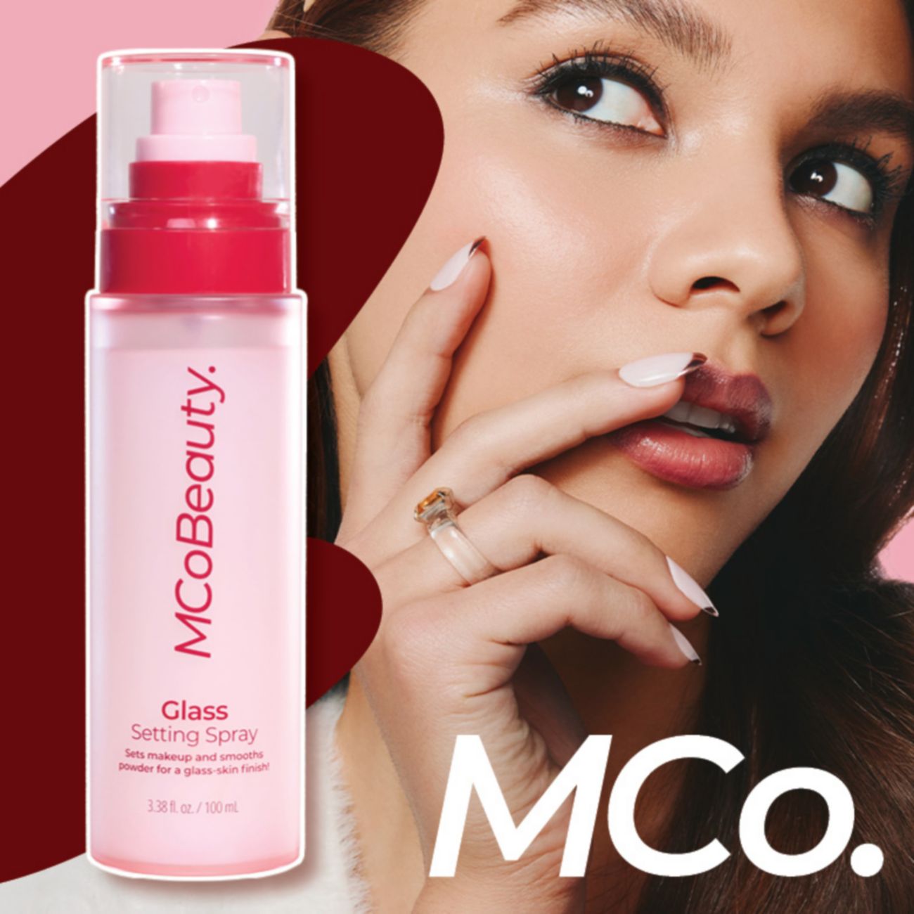 Glass setting spray. Mco. Woman in background.