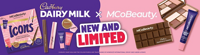 McoBeauty limited editions Icons box. Cadbury Dairy milk x McoBeauty. New and limited. Various MCoBeauty products. Cadbury, dairy milk and the colour purple are trademarks of Mondelez international group used under licence.
