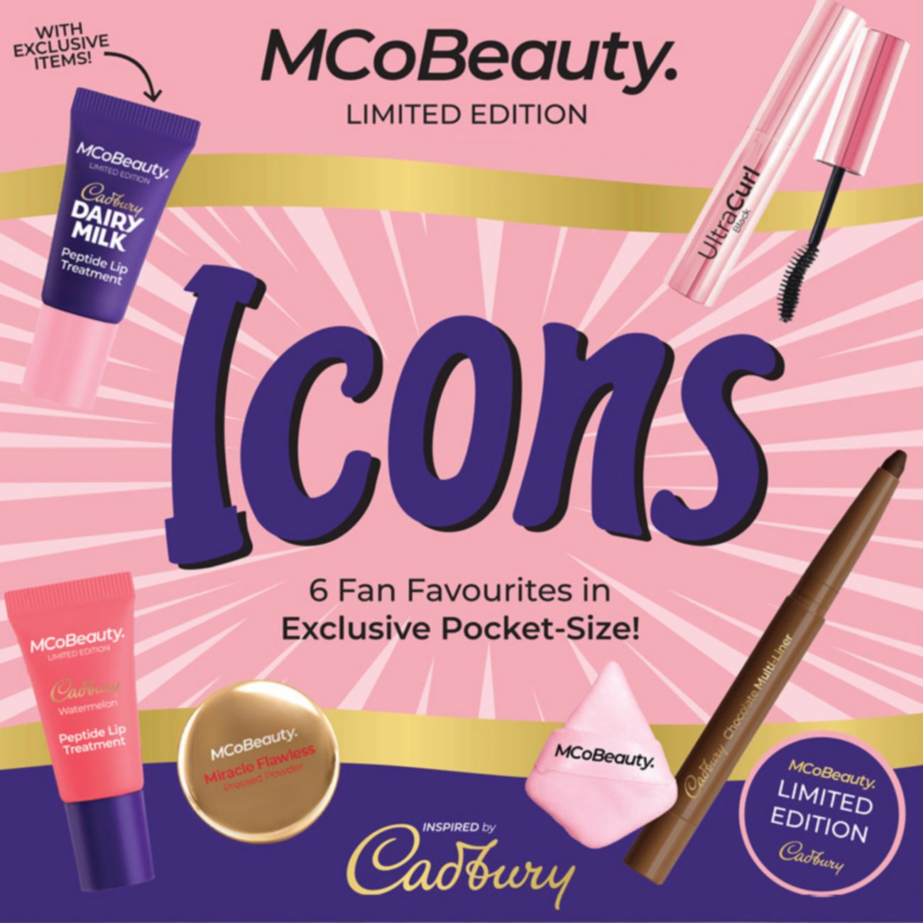 MCo Beauty limited edition. Icons 6 favourites in exclusive pocket-size! Various MCoBeauty products. Inspired by Cadbury.o