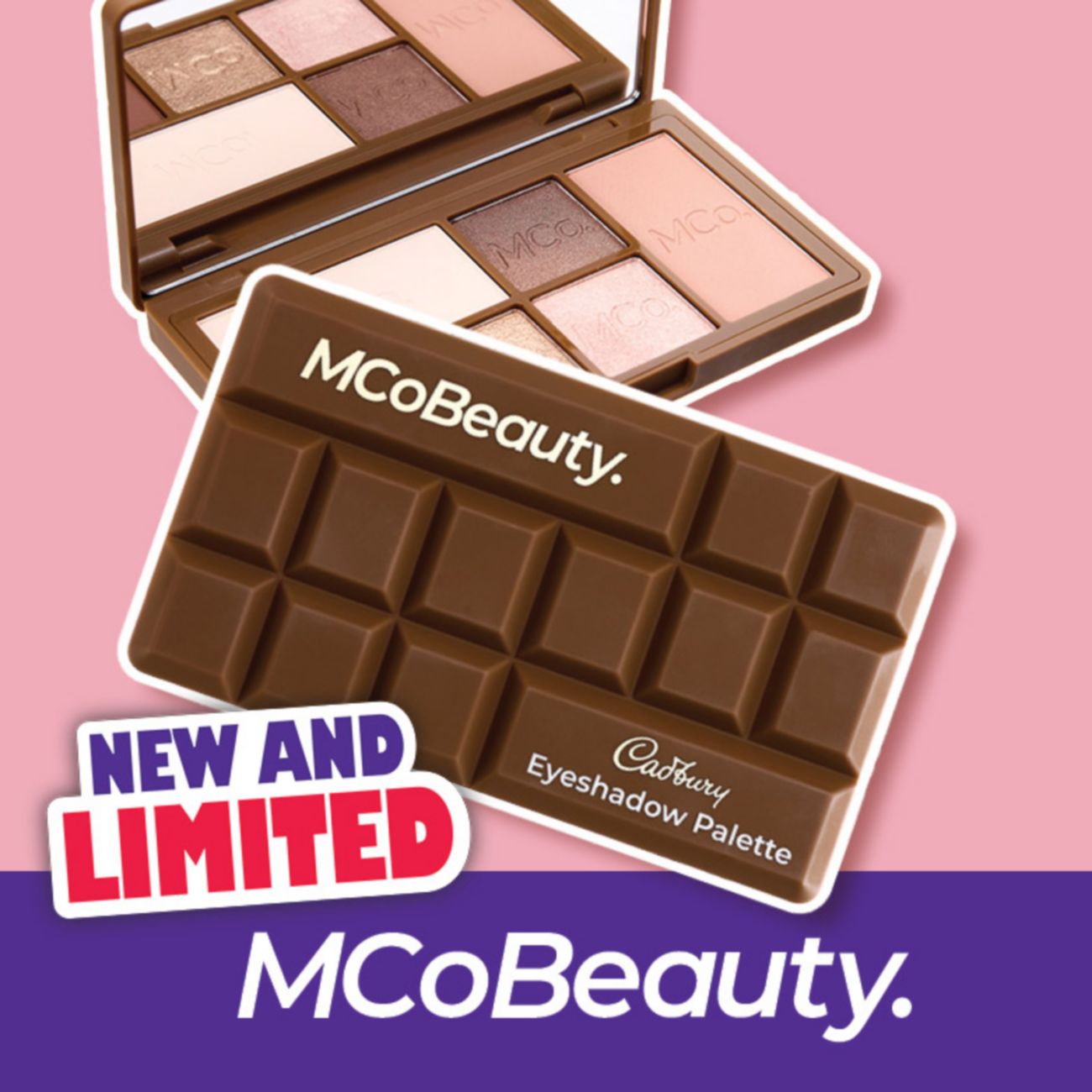 MCo Beauty Cadbury Eyeshadow palette one open, one closed. New and Limited. MCo Beauty.