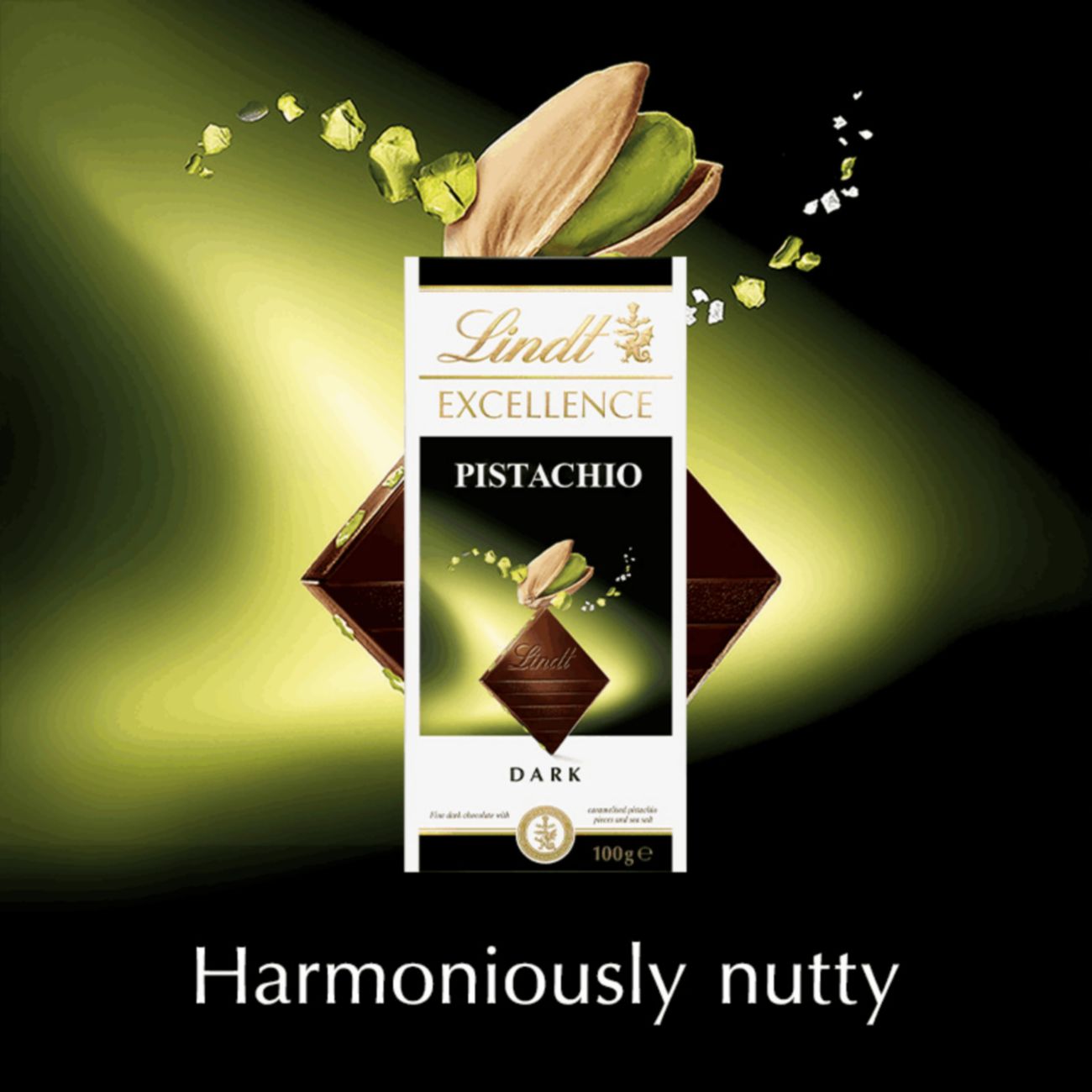 Lindt Excellence Pistachio Dark Chocolate 100g. Harmoniously nutty.